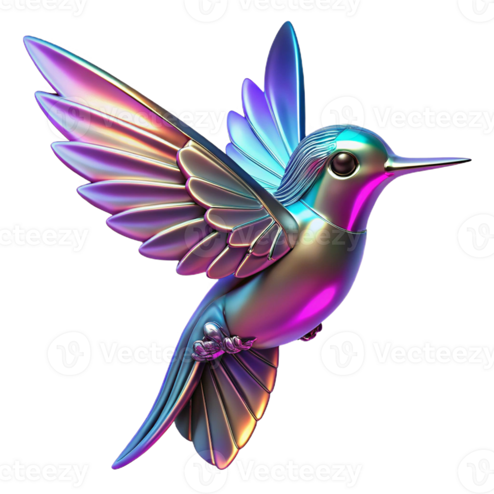 Iridescent Hummingbird 3D Render A radiant hummingbird with iridescent feathers, navigating the digital sky in a stunning three-dimensional render. png