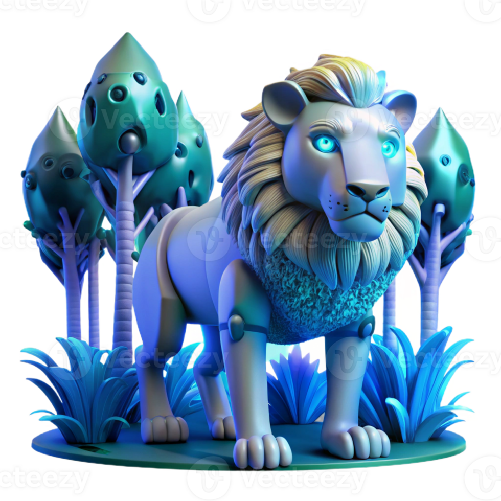 Cybernetic Lion in Fantasy Forest A futuristic 3D depiction of a cybernetic lion in a fantasy forest, blending advanced technology with natural elements. png
