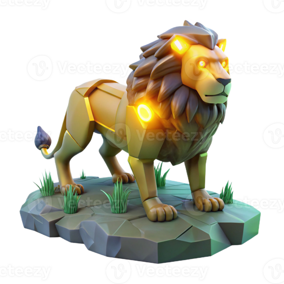 Glowing Mech Lion Figurine A dynamic depiction of a lion crafted as a glowing mech figurine, capturing the essence of innovation in a digital world. png