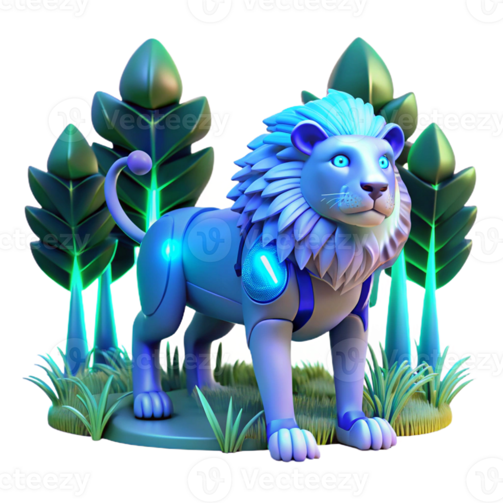 Cybernetic Lion in Nature - A futuristic depiction of a cybernetic lion in a natural setting blending advanced technology with wildlife elements png