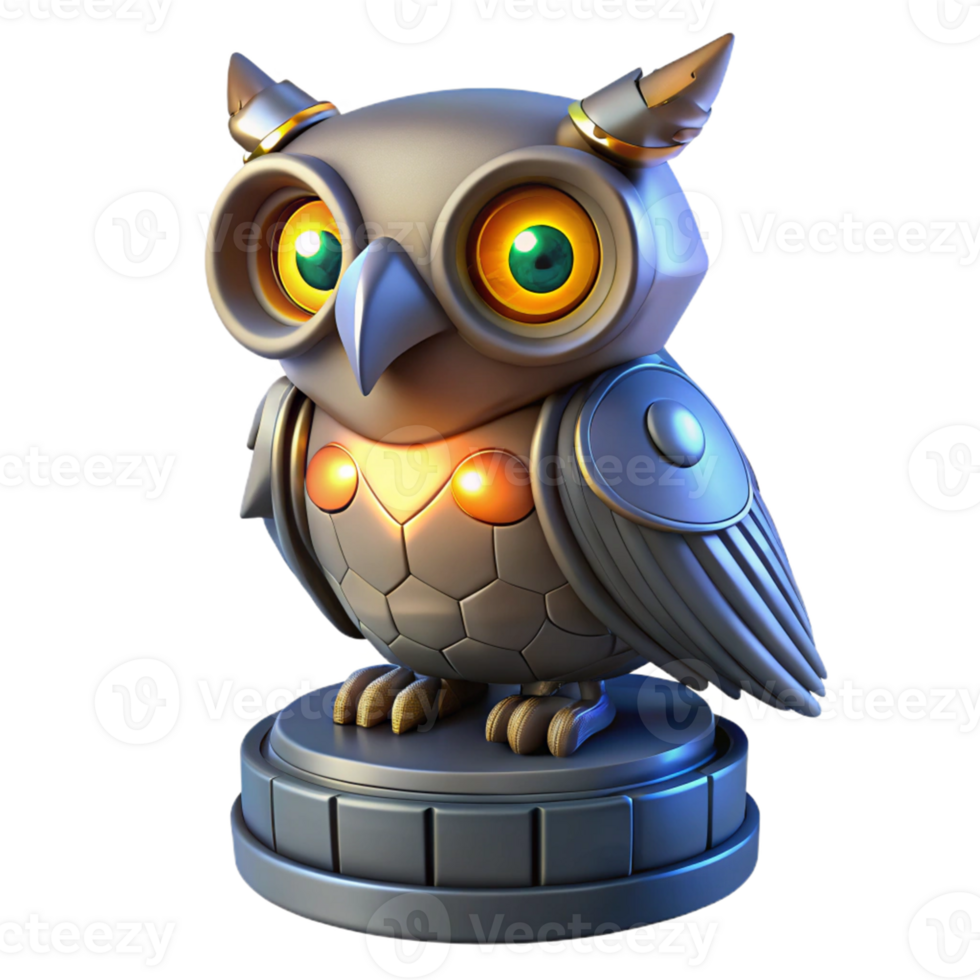 Metallic Owl Figurine Robot Bird A futuristic owl crafted as a metallic figurine, navigating the digital sky with precision. png