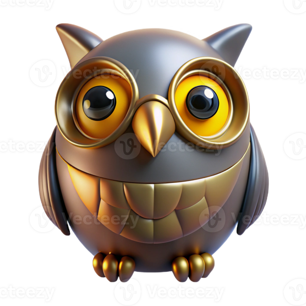 Golden Owl 3D Render A radiant owl with golden feathers, navigating the digital sky in a stunning three-dimensional render. png