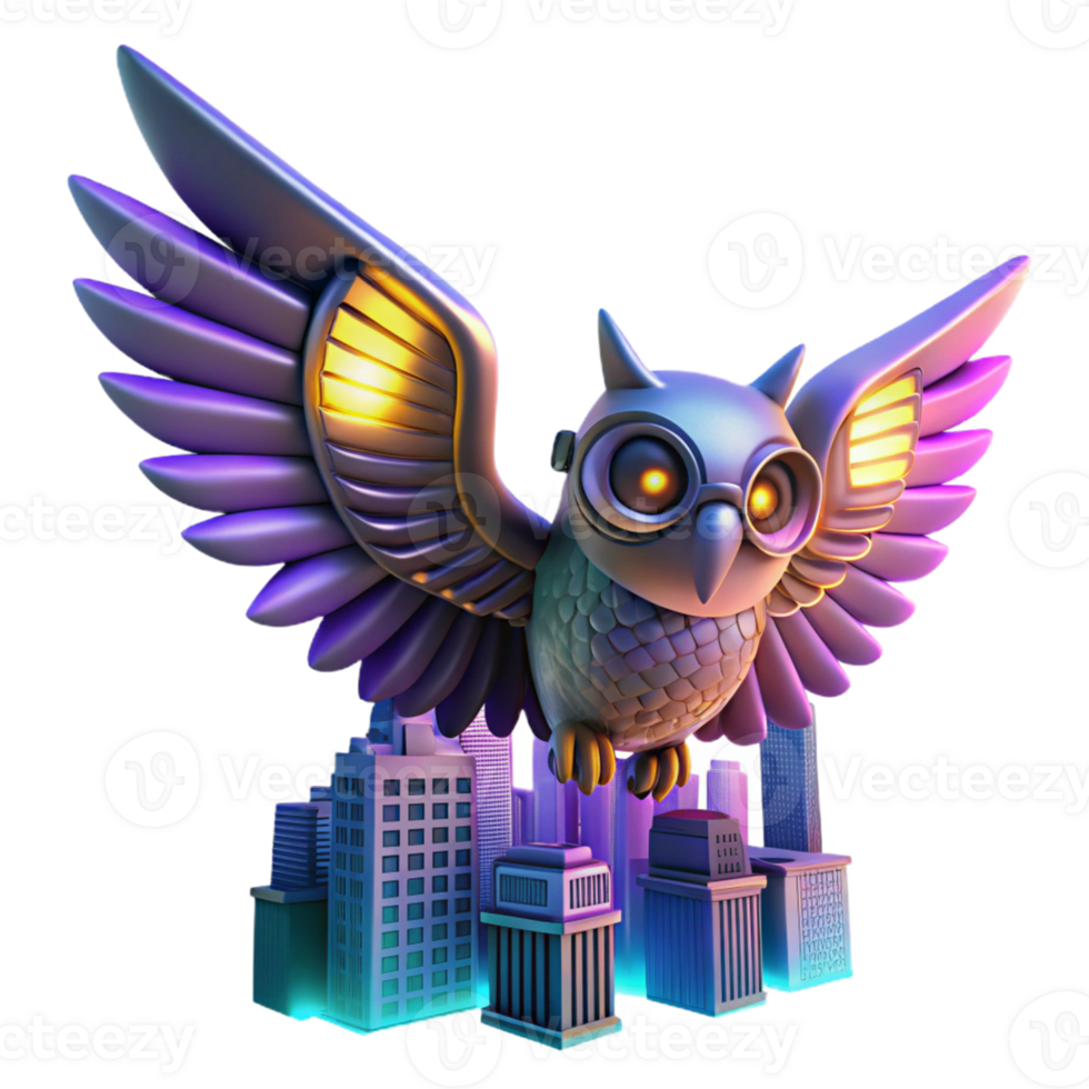 Cyber Owl Soaring Over a Cityscape in a Futuristic Three Dimensional Scene of Design png