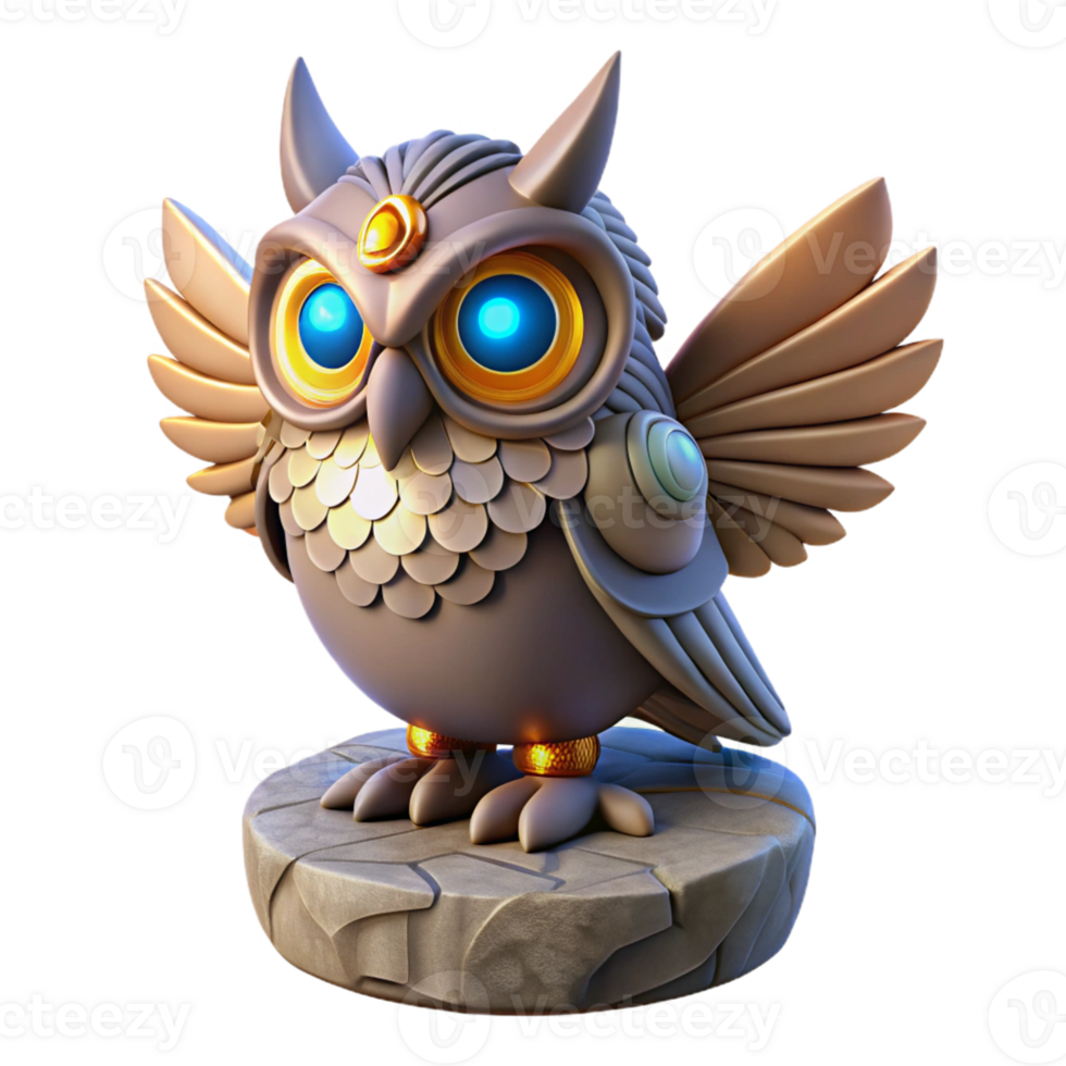 Cybernetic Owl Figurine in a Futuristic Three Dimensional Scene of Avian Design png