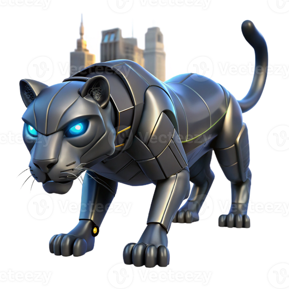Metallic Panther Robotic Cat A sleek robotic panther prowling through a digital jungle, embodying futuristic design. png