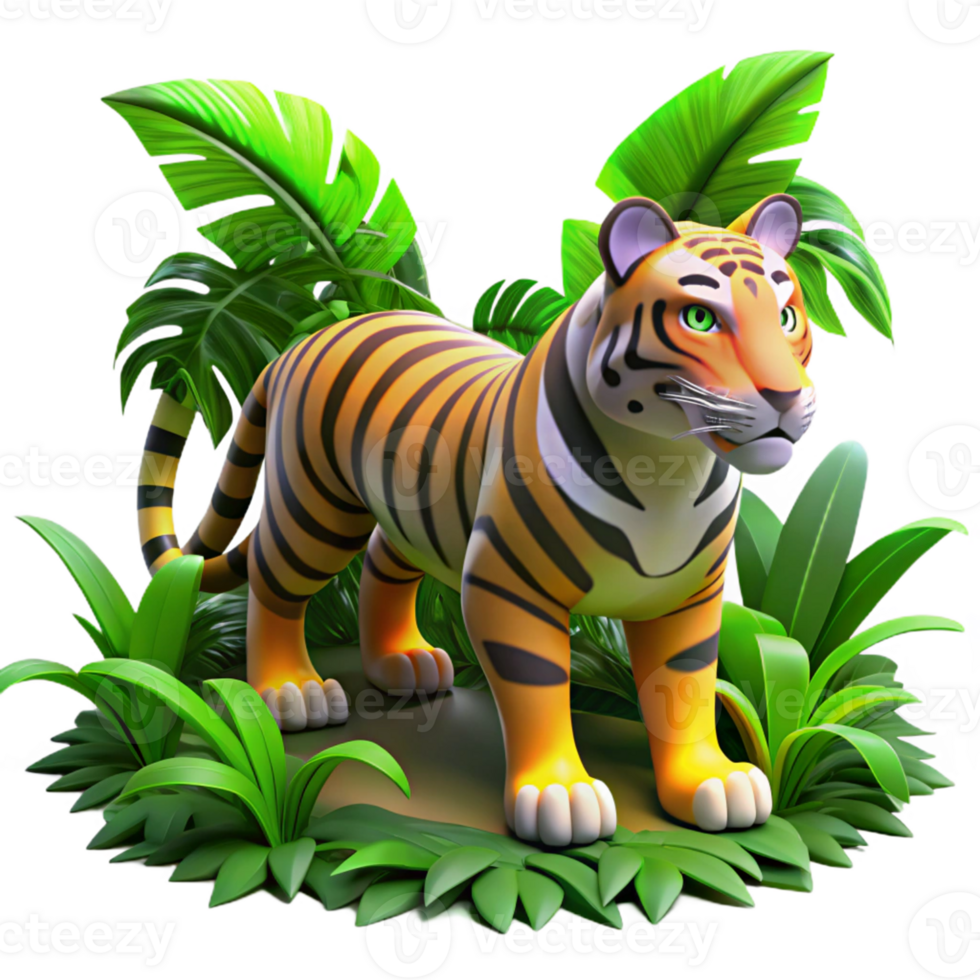 Cartoon Tiger in Jungle A vibrant depiction of a cartoon tiger navigating the lush expanse of a digital jungle. png