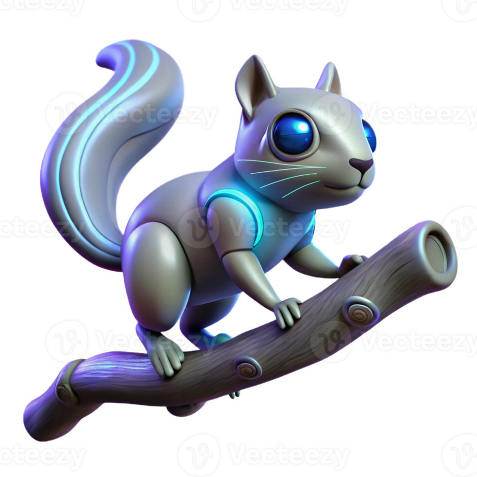 Cyber Squirrel on a Branch in a Futuristic Three Dimensional Scene of Design png