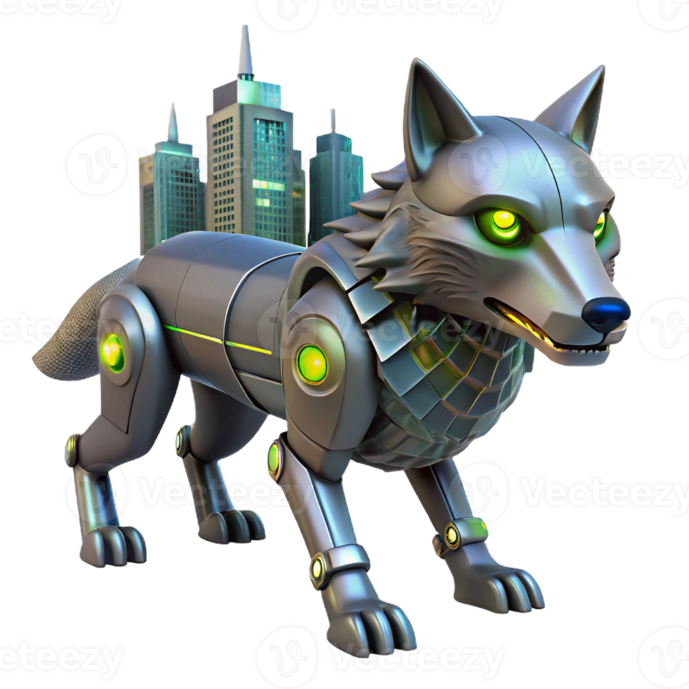 Robotic Wolf City Carrier A futuristic 3D depiction of a robotic wolf city carrier, showcasing its advanced design and mechanical features. png