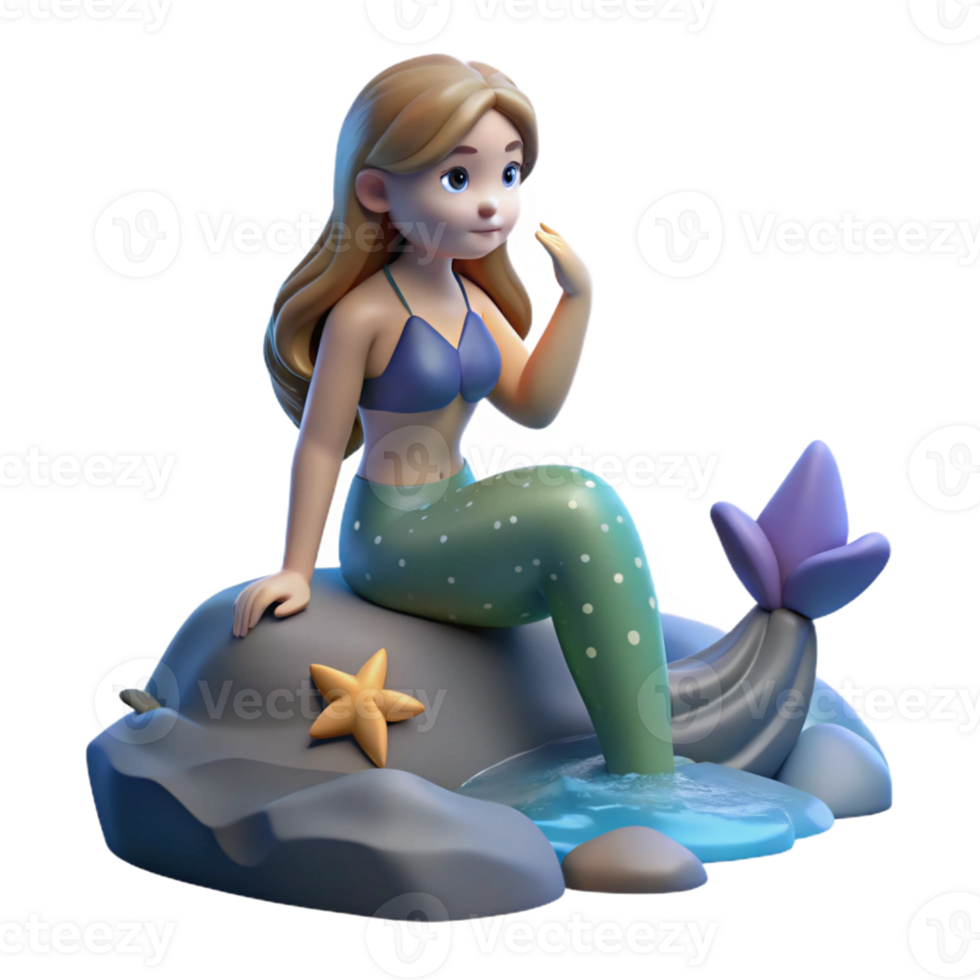 Cute Mermaid on Rocks 3D Render An adorable 3D depiction of a mermaid on rocks, highlighting her playful and enchanting presence. png