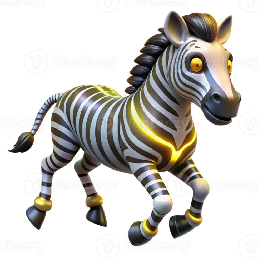 Striped Zebra, Glowing Neck A dynamic depiction of a zebra navigating the digital savannah, its neck glowing with vibrant colors in a stunning render. png