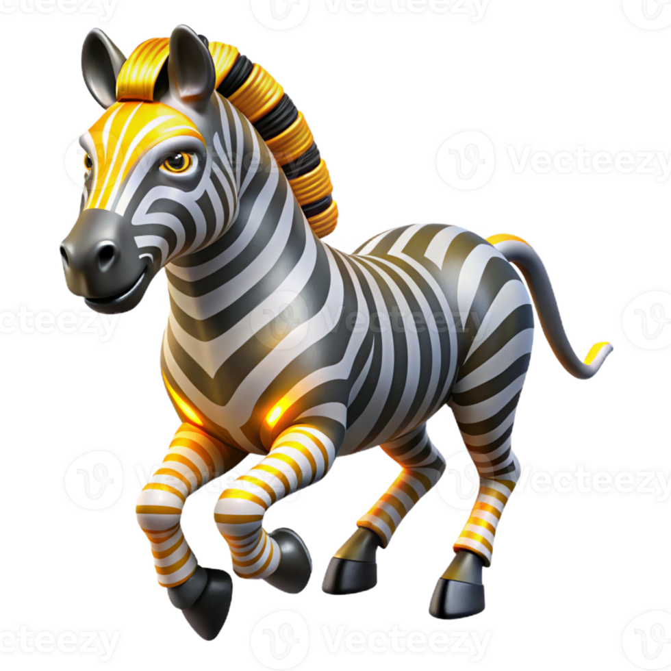 Striped Zebra, Gold Accents, 3D Render A dynamic depiction of a zebra with striped fur and gold accents, captured in a stunning three-dimensional render. png