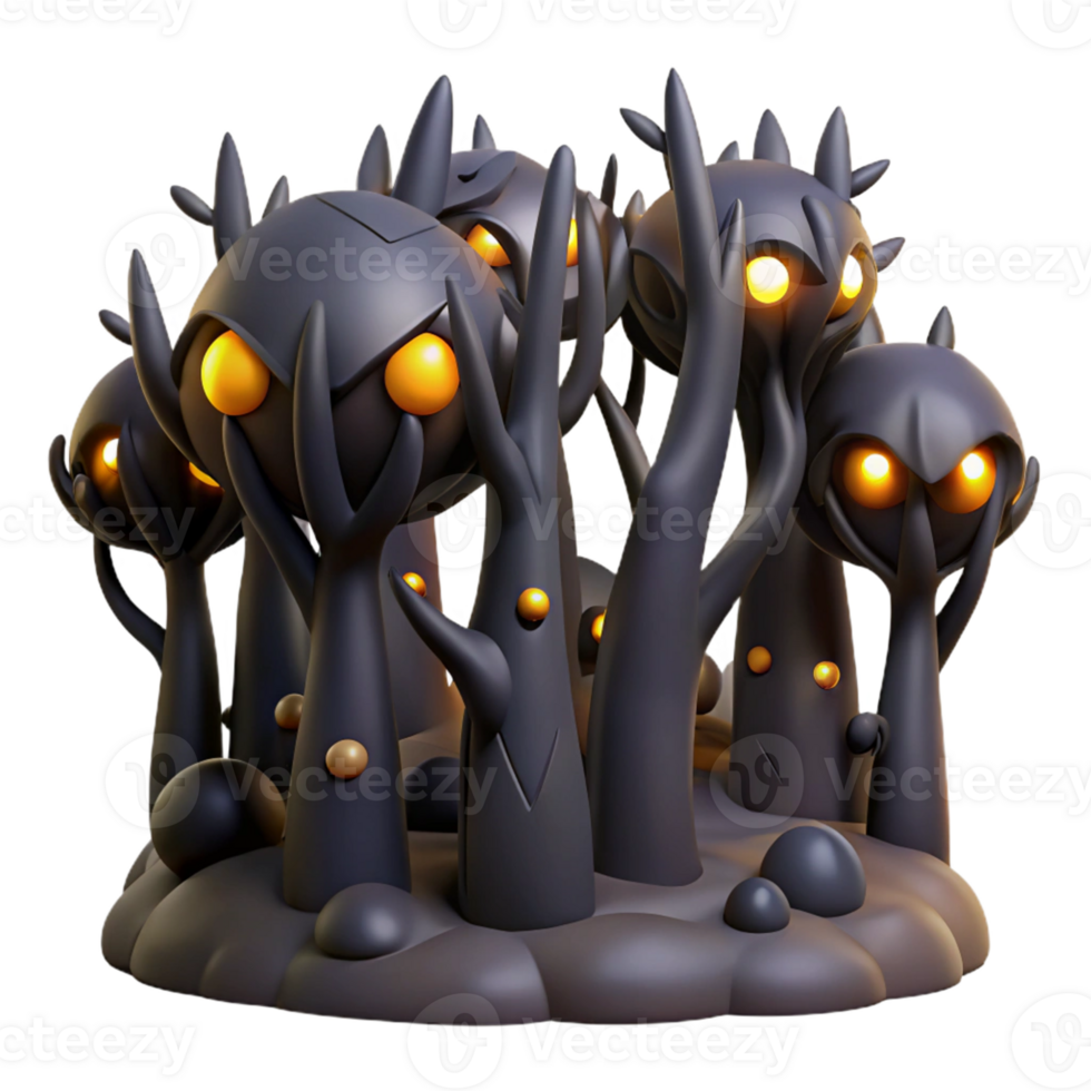 Dark Forest Glowing Eyes A mystical 3D render of a dark forest with glowing eyes, capturing its enchanting presence and magical elements. png