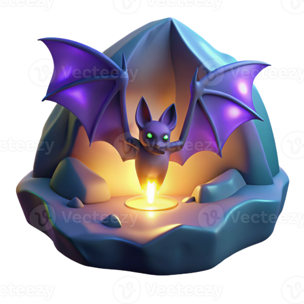 Glowing Bat in Cave 3D Render A radiant bat navigating a cave, its wings glowing with vibrant colors in a stunning render. png