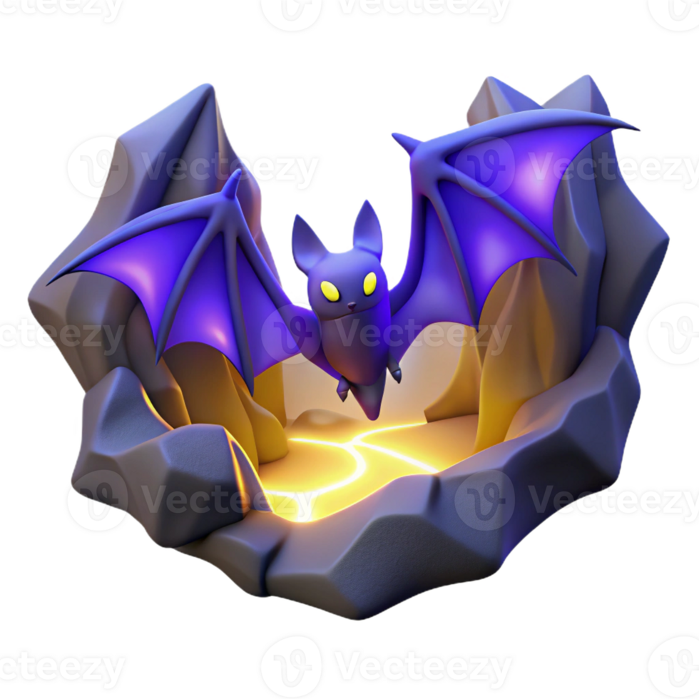 Purple Bat in Cave 3D Render A vibrant 3D depiction of a purple bat in a cave, highlighting its dynamic and mysterious presence. png