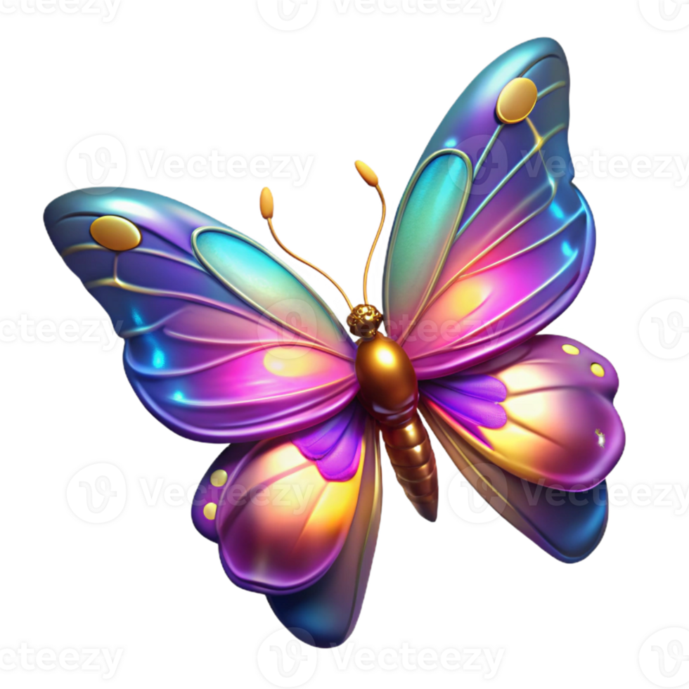 Iridescent Butterfly A stunning 3D depiction of a butterfly with iridescent features, showcasing a spectrum of colors and ethereal beauty. png