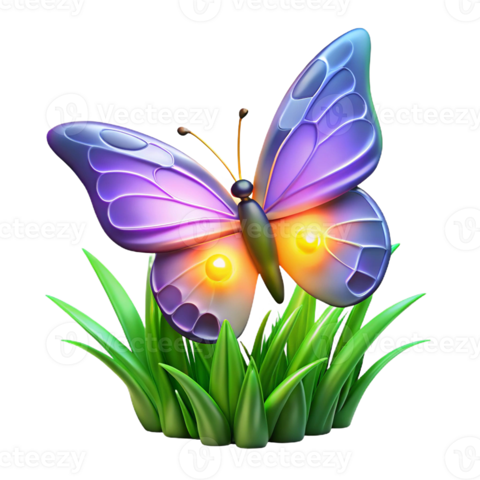 Glowing Butterfly on Grass A luminous 3D depiction of a butterfly on grass, highlighting its glowing features and enchanting presence. png