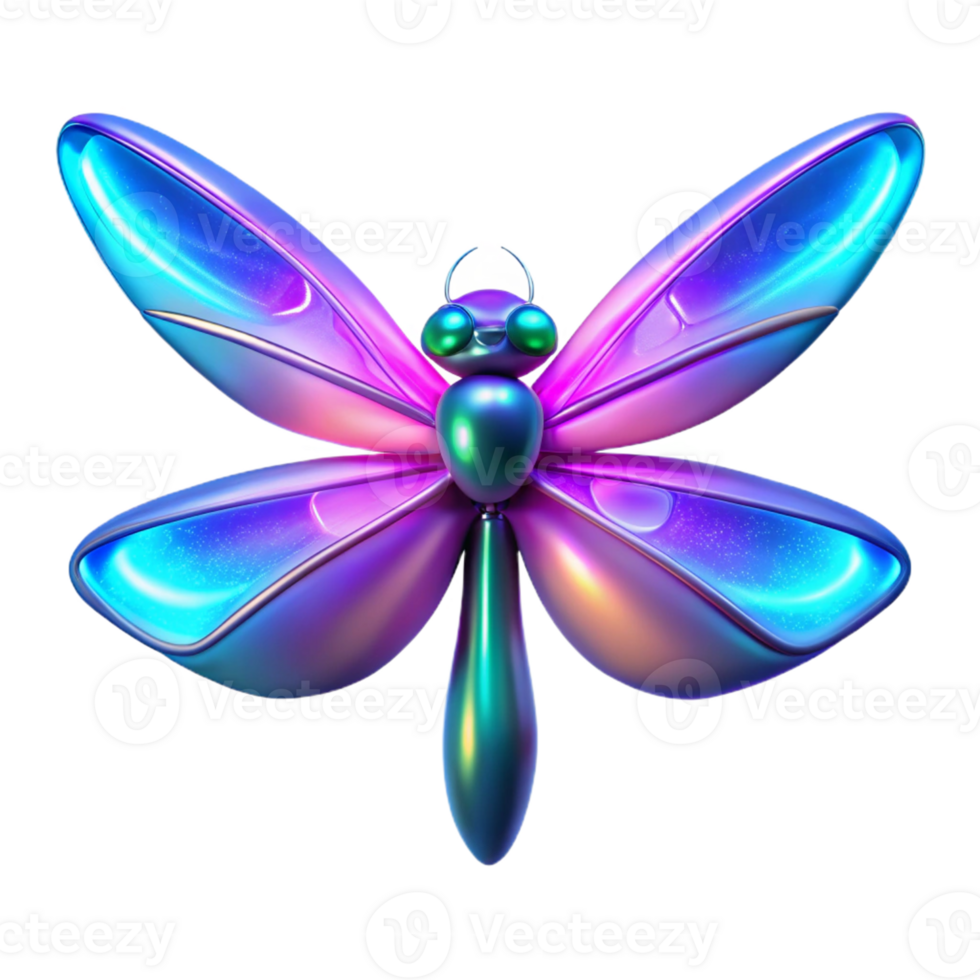 Iridescent Dragonfly 3D Render A stunning 3D depiction of a dragonfly with iridescent features, showcasing a spectrum of colors and ethereal beauty. png