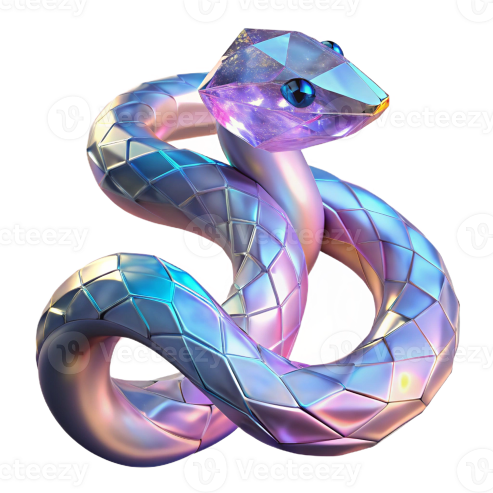 Iridescent Geometric Snake A radiant snake crafted in a geometric design, its scales shimmering with iridescent colors in a digital world. png