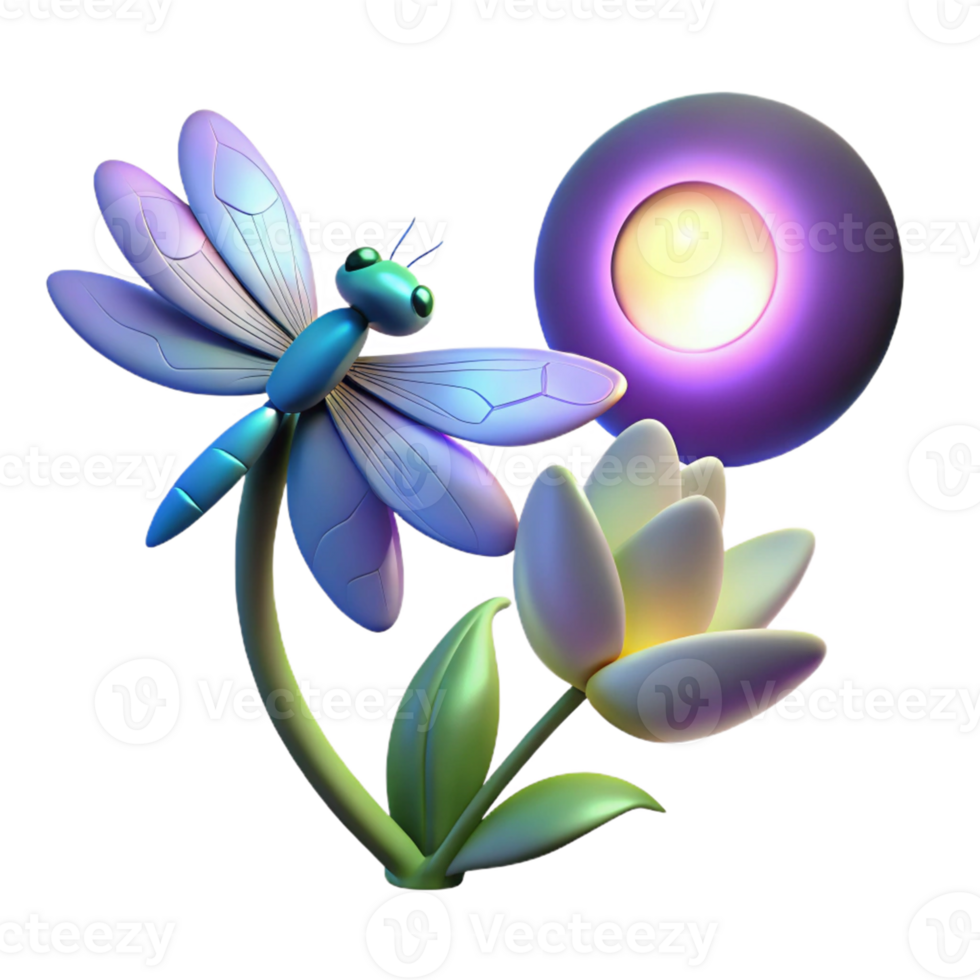 Dragonfly and Moonlit Flower A serene 3D render of a dragonfly resting on a moonlit flower, highlighting its delicate beauty and tranquil setting. png