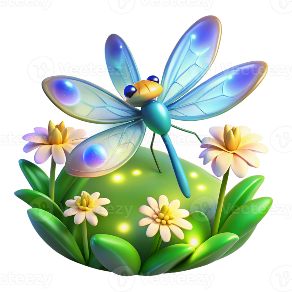 Dragonfly Flowers 3D Render A serene scene of a dragonfly navigating a garden of flowers, brought to life in a stunning three-dimensional render. png