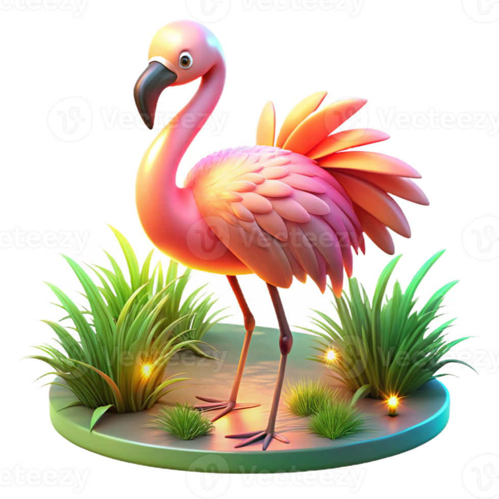 Pink Flamingo in Lush Grass A serene depiction of a flamingo navigating a field of lush grass, captured in a stunning three-dimensional render. png
