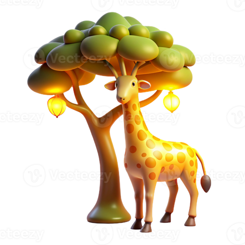 Cute Giraffe Under Illuminated Tree An adorable giraffe navigating a world of illuminated trees, captured in a whimsical three-dimensional render. png