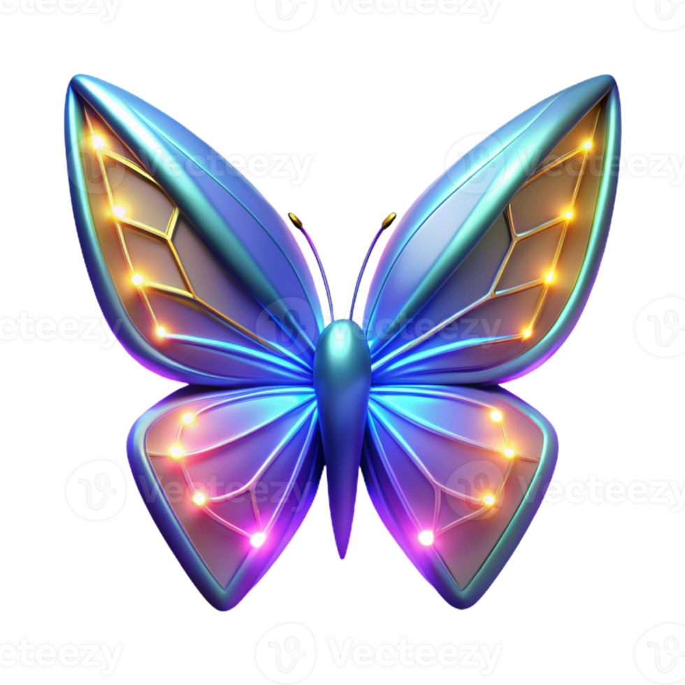 Luminous Butterfly 3D Render A radiant butterfly with wings that glow with vibrant colors, captured in a stunning three-dimensional render. png
