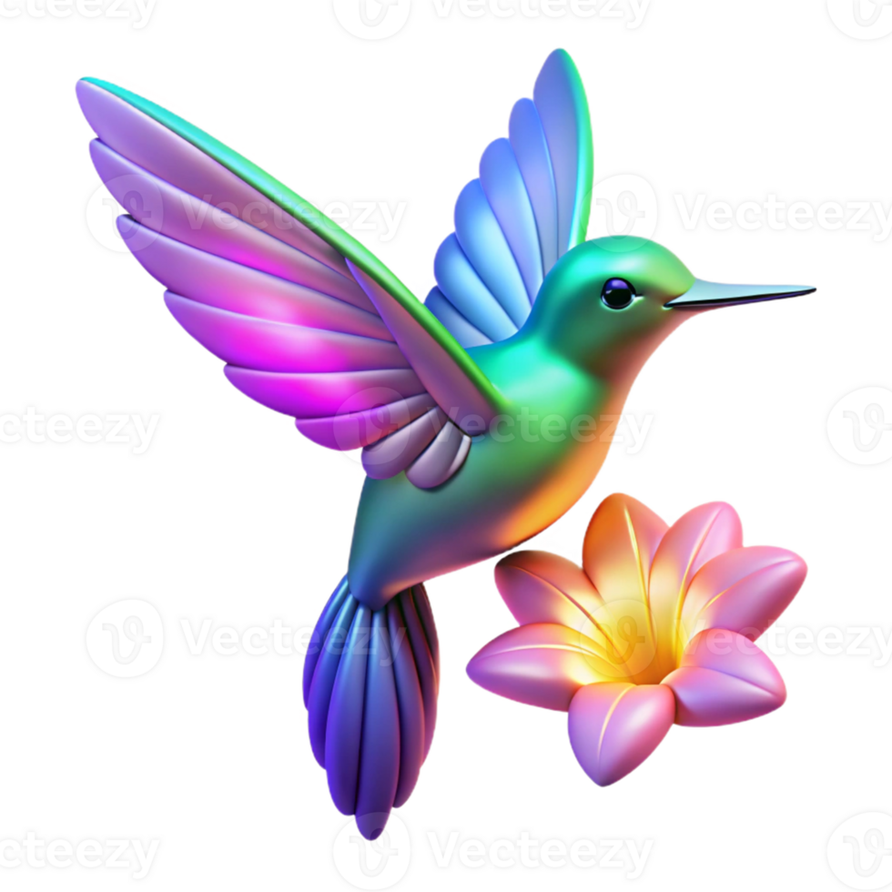 Rainbow Hummingbird Flower A vibrant 3D depiction of a rainbow hummingbird and flower, highlighting their dynamic and radiant presence. png