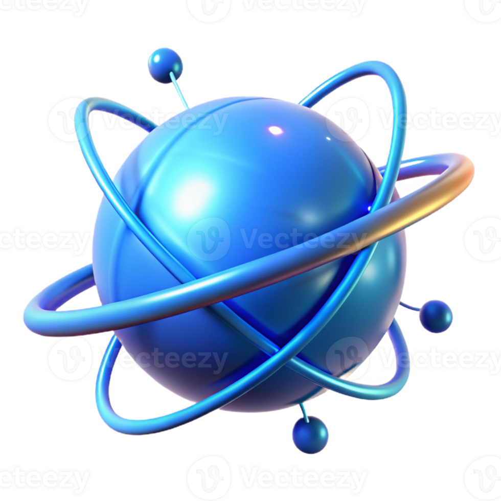 Abstract Atom Model 3D Render A dynamic depiction of an atom navigating a world of abstract art, captured in a stunning three-dimensional render. png