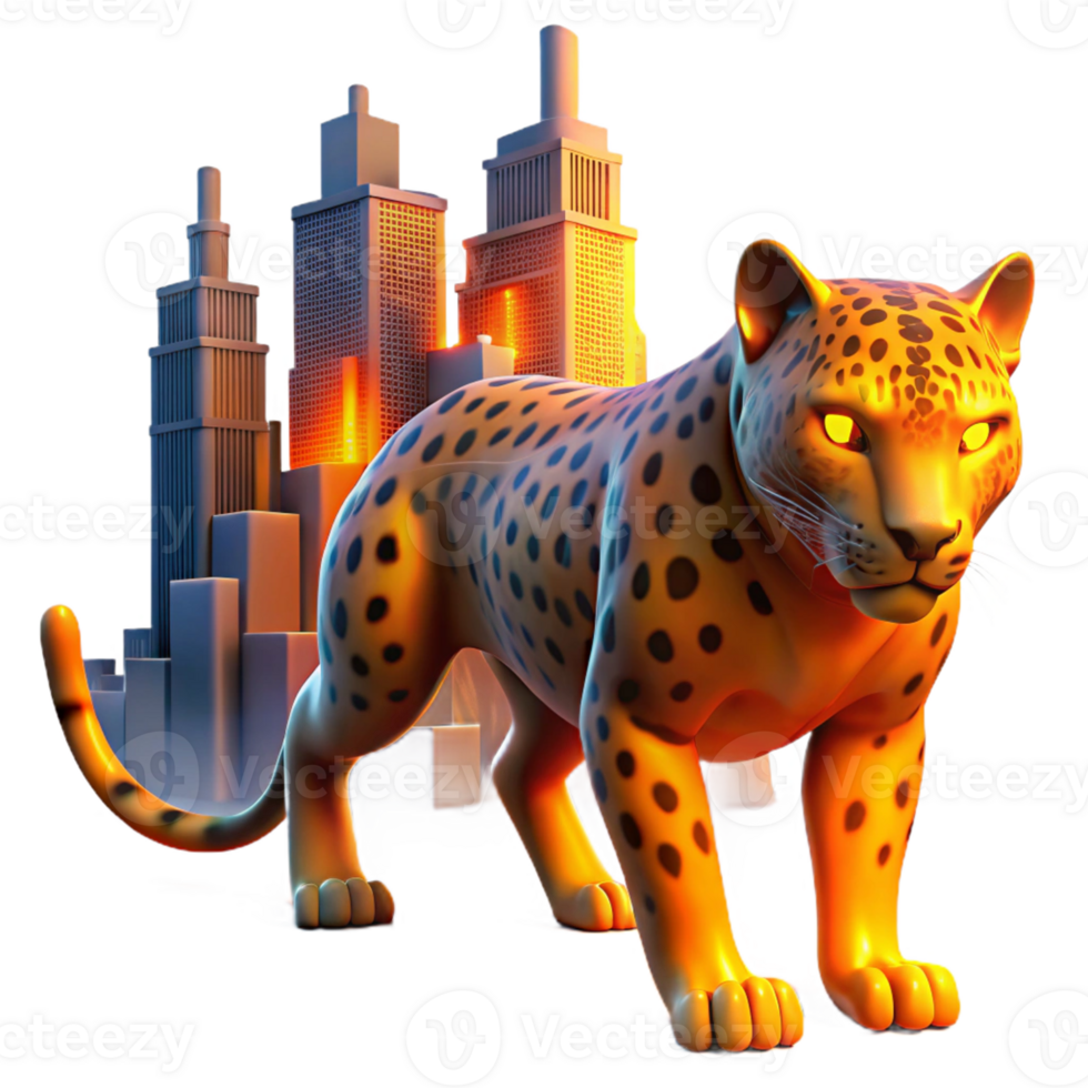 Jungle Cat in the City A dynamic 3D depiction of a jungle cat in an urban setting, blending wildlife with city life. png