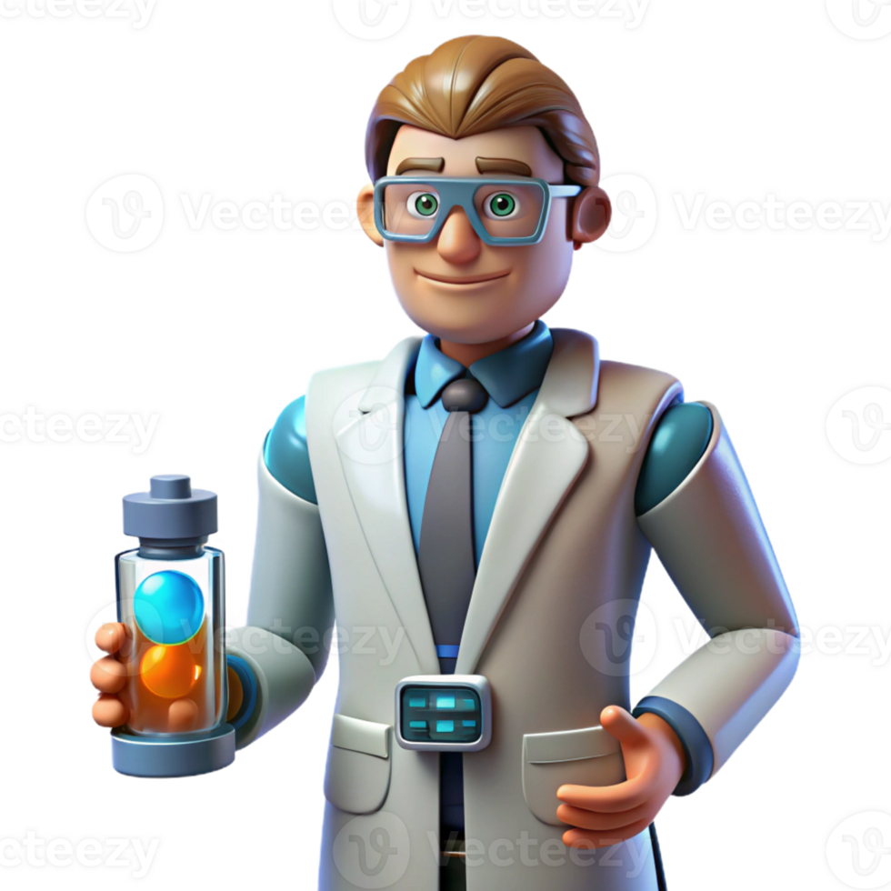 Scientist Holding Colorful Liquid A dynamic depiction of a scientist navigating a world with colorful liquid, capturing the essence of innovation in a digital world. png