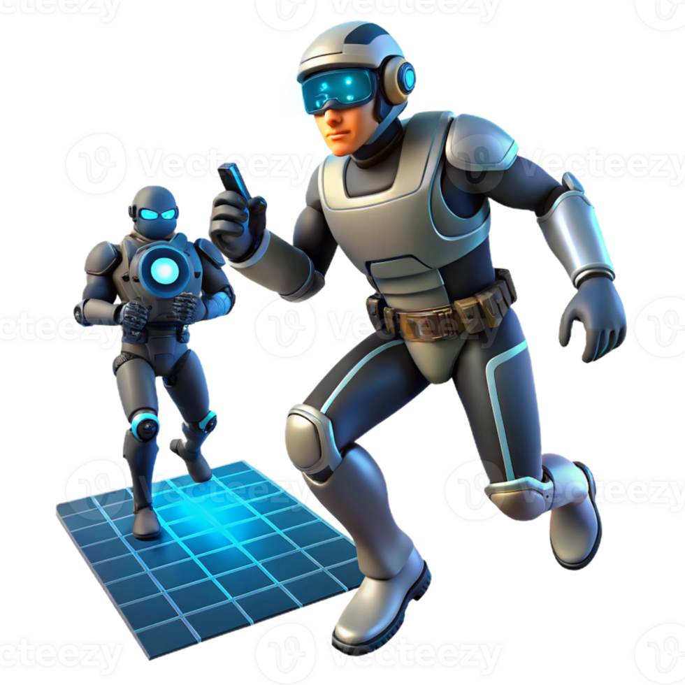 Future Robot Adventure Game A dynamic depiction of a robot navigating a world of adventure, captured as a game asset in a digital world. png