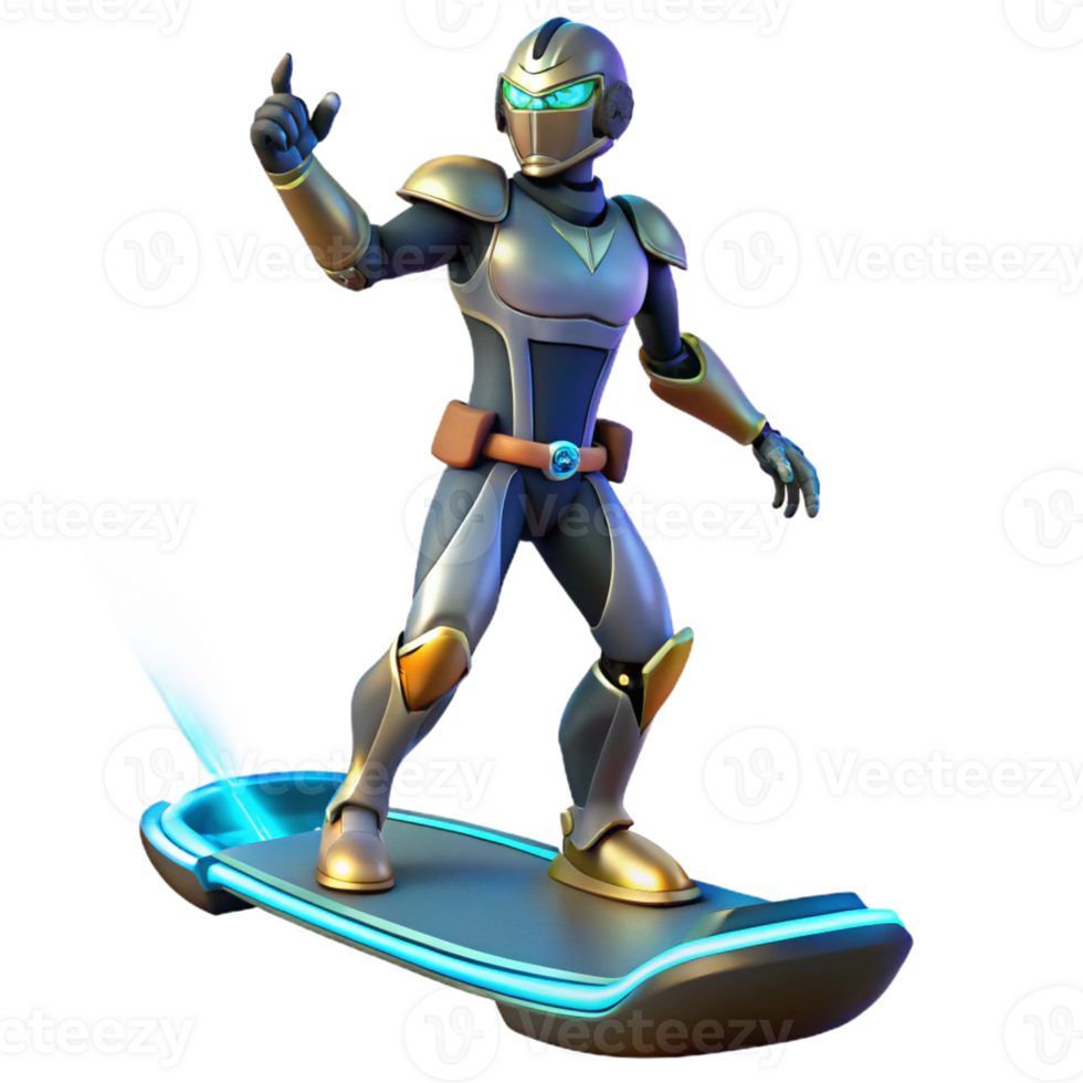 Futuristic Hoverboard Rider A dynamic 3D render of a futuristic hoverboard rider, capturing the essence of advanced technology and modern design. png