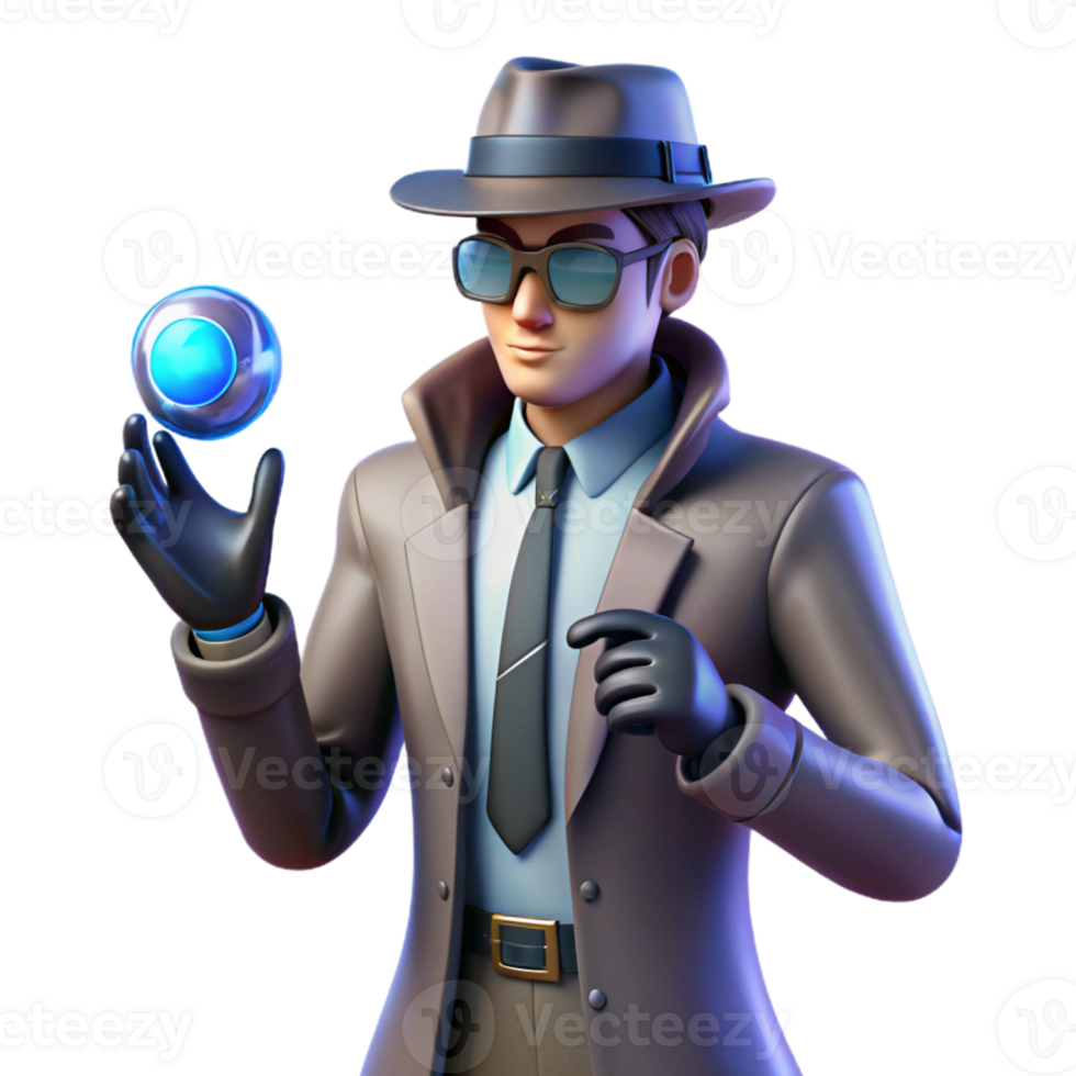 Sleuth with Glowing Orb A dynamic depiction of a sleuth navigating a world with a glowing orb, capturing the essence of mystery in a digital world. png