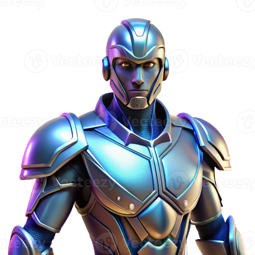 Futuristic Armored Warrior A dynamic 3D render of a futuristic armored warrior, blending advanced technology with intense action. png