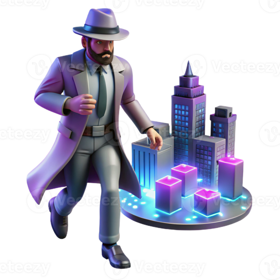 Cityscape Chase 3D Detective Adventure A dynamic 3D render of a cityscape chase with a detective, capturing the essence of adventure and modern design. png