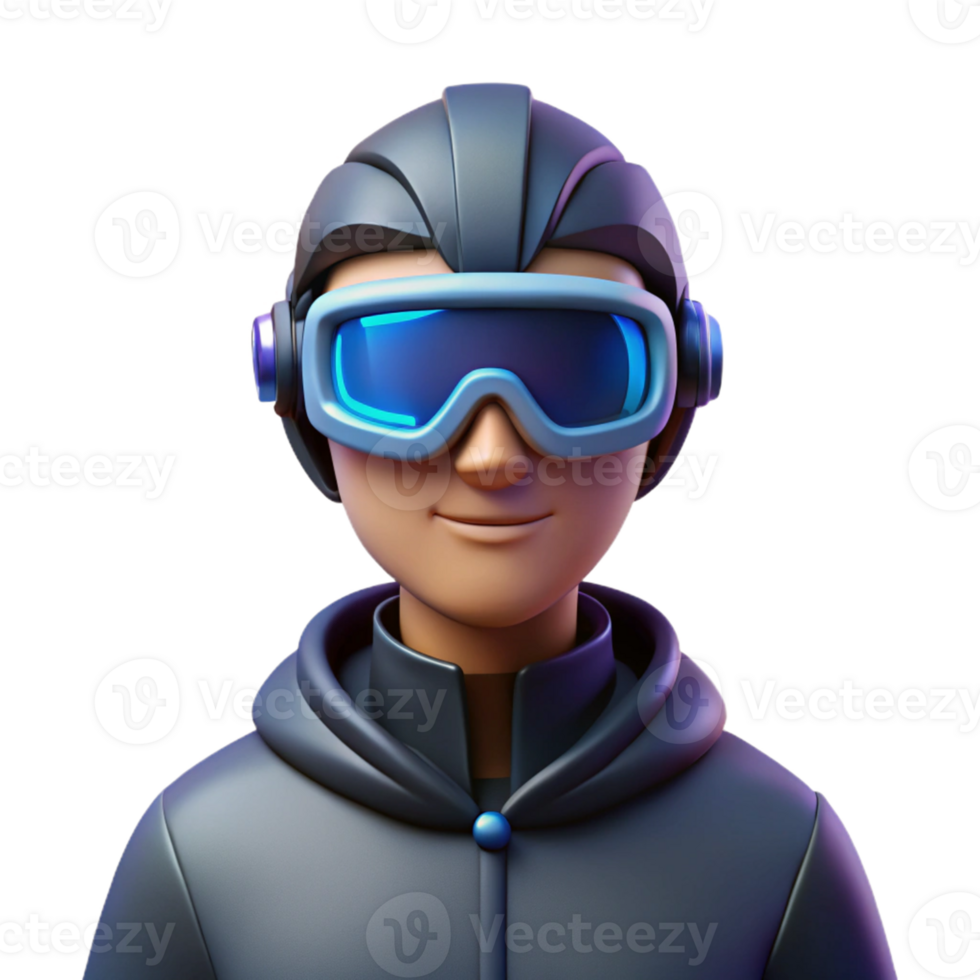 3D Avatar Futuristic Goggles Hoodie A stylish 3D render of an avatar wearing futuristic goggles and a hoodie, blending modern fashion with advanced technology. png