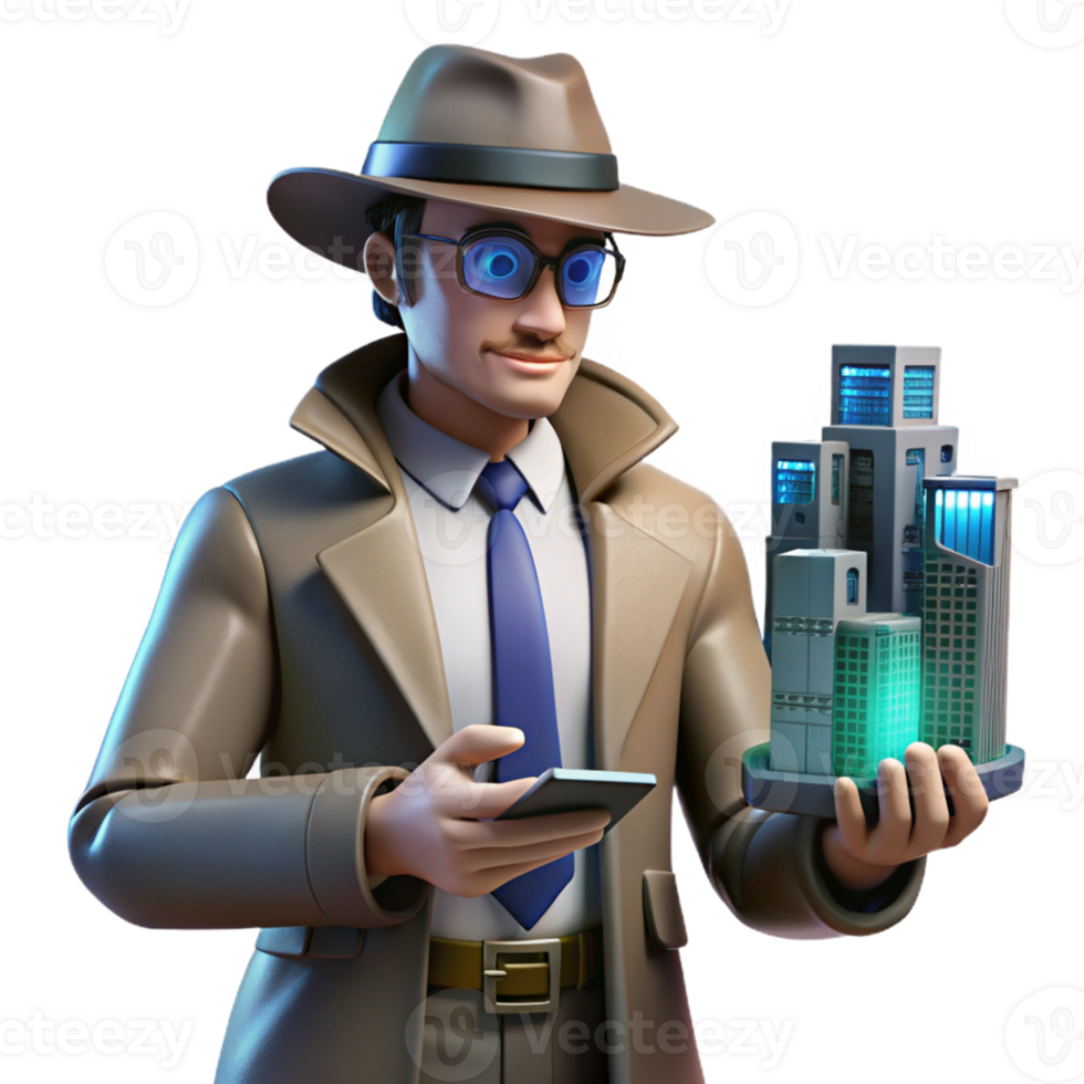 City Investigator Mystery in the Metropolis A dynamic depiction of an investigator navigating a metropolis, capturing the essence of mystery in a digital world. png