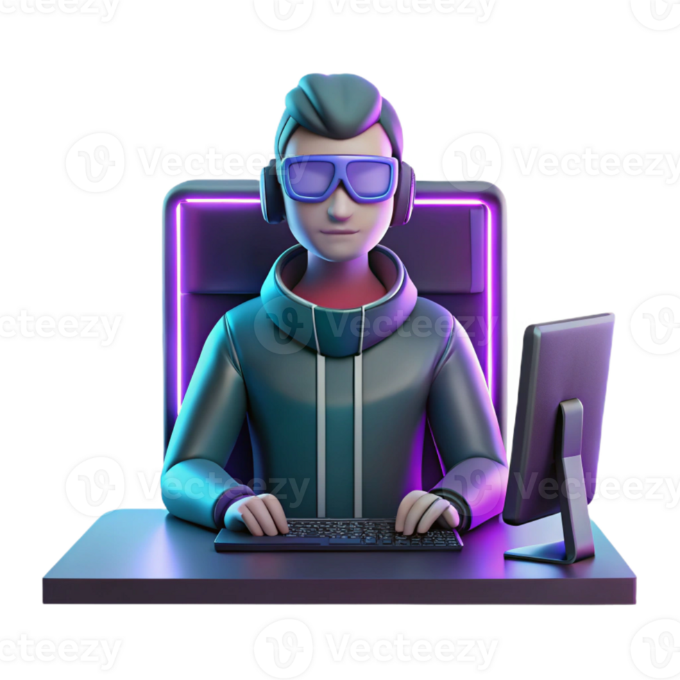 Gamer in Neon-Lit Setup A dynamic depiction of a gamer navigating a world of neon lights, capturing the essence of gaming in a digital world. png