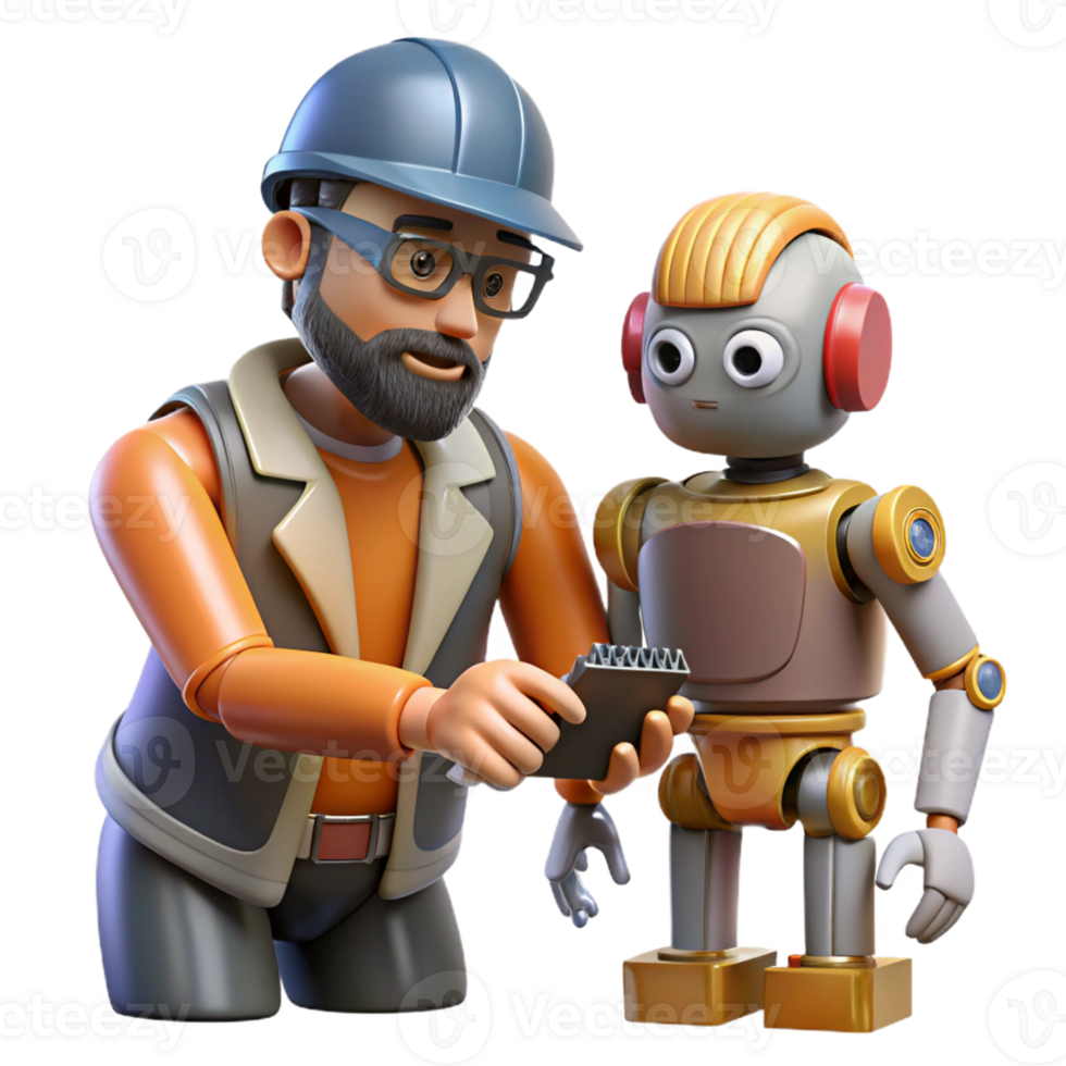 Engineer Robot Tech Collaboration A dynamic scene of an engineer collaborating with a robot, capturing the essence of innovation in a digital world. png