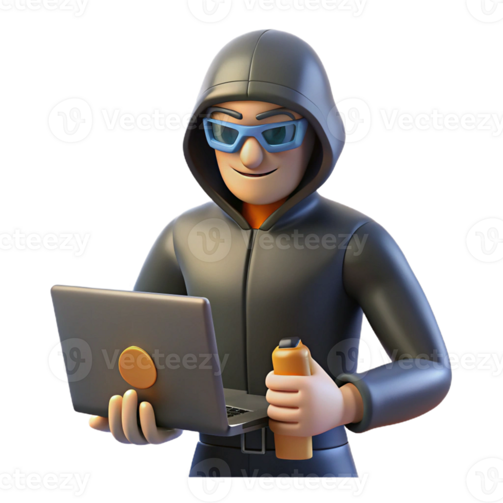 Cybersecurity Hacker 3D Model A dynamic depiction of a hacker navigating a world of cybersecurity, captured in a stunning three-dimensional model. png