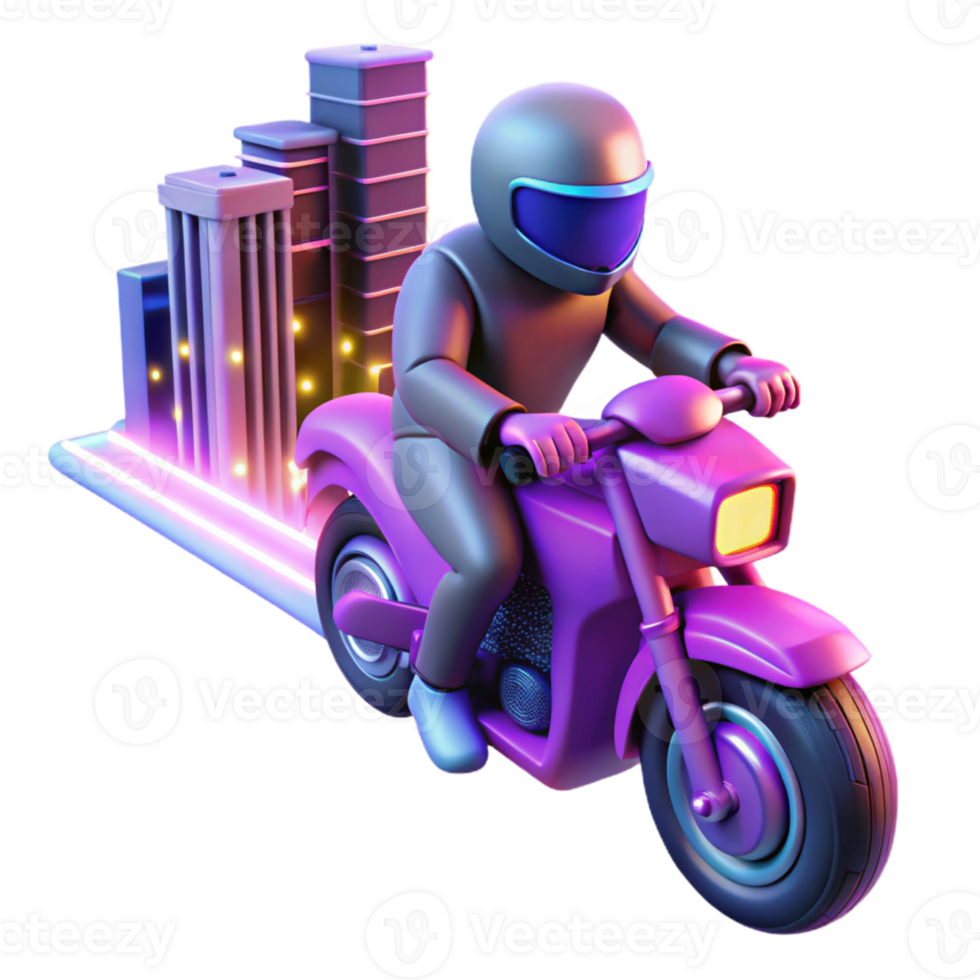 Rider Delivers City on Motorcycle A dynamic 3D render of a rider delivering through a city on a motorcycle, capturing the essence of speed and urban life. png