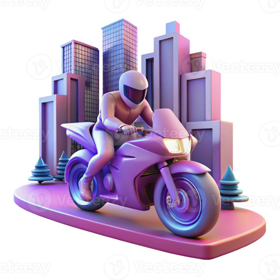 Motorcycle Rider in City in a Futuristic Three Dimensional Scene of Urban Design png