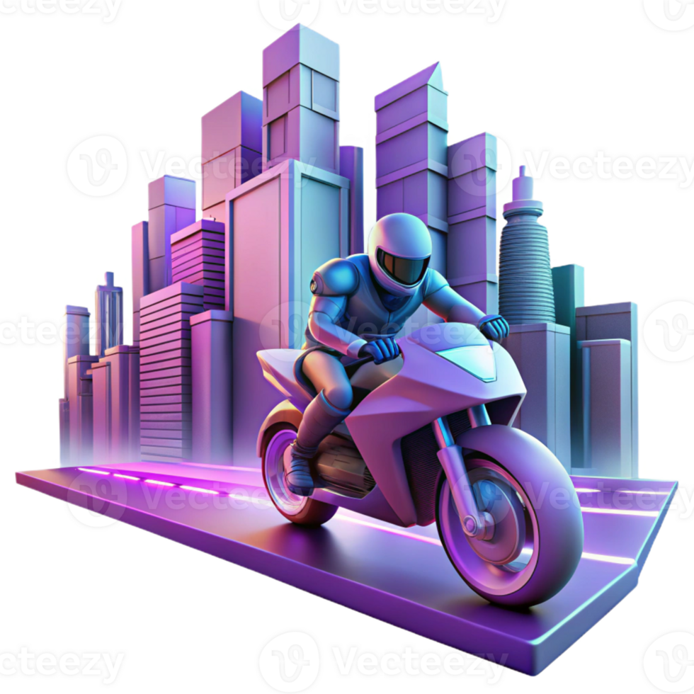 Futuristic City Motorcycle Ride in a Visionary Three Dimensional Scene of Speed png