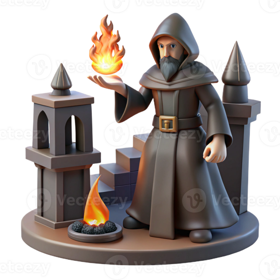 Monk with Fire Magic A magical scene of a monk wielding fire magic, casting spells in a mystical world. png