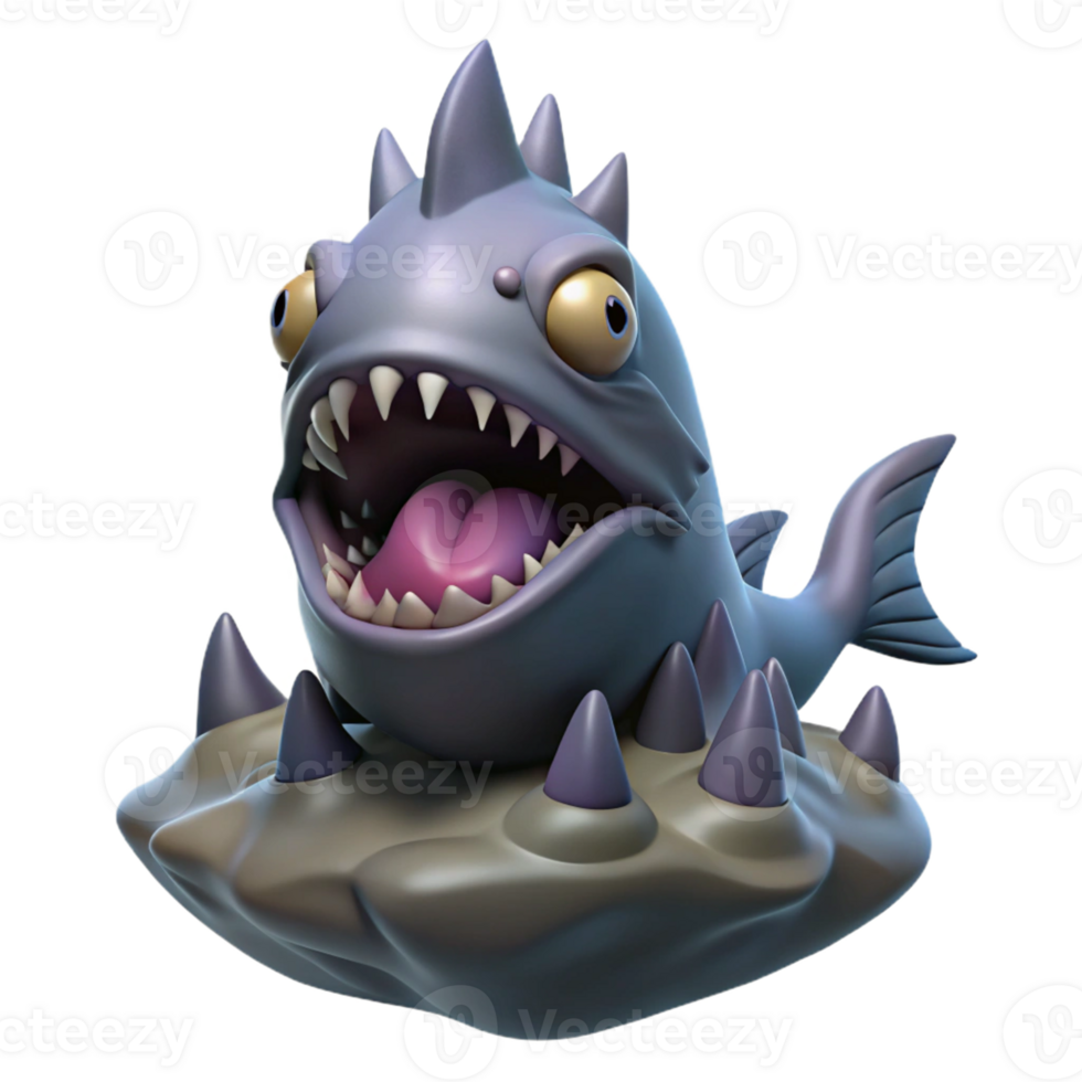 Spiky Fish Monster on Rock A dynamic depiction of a fish monster perched on a rock, capturing the essence of fantasy in a digital world. png