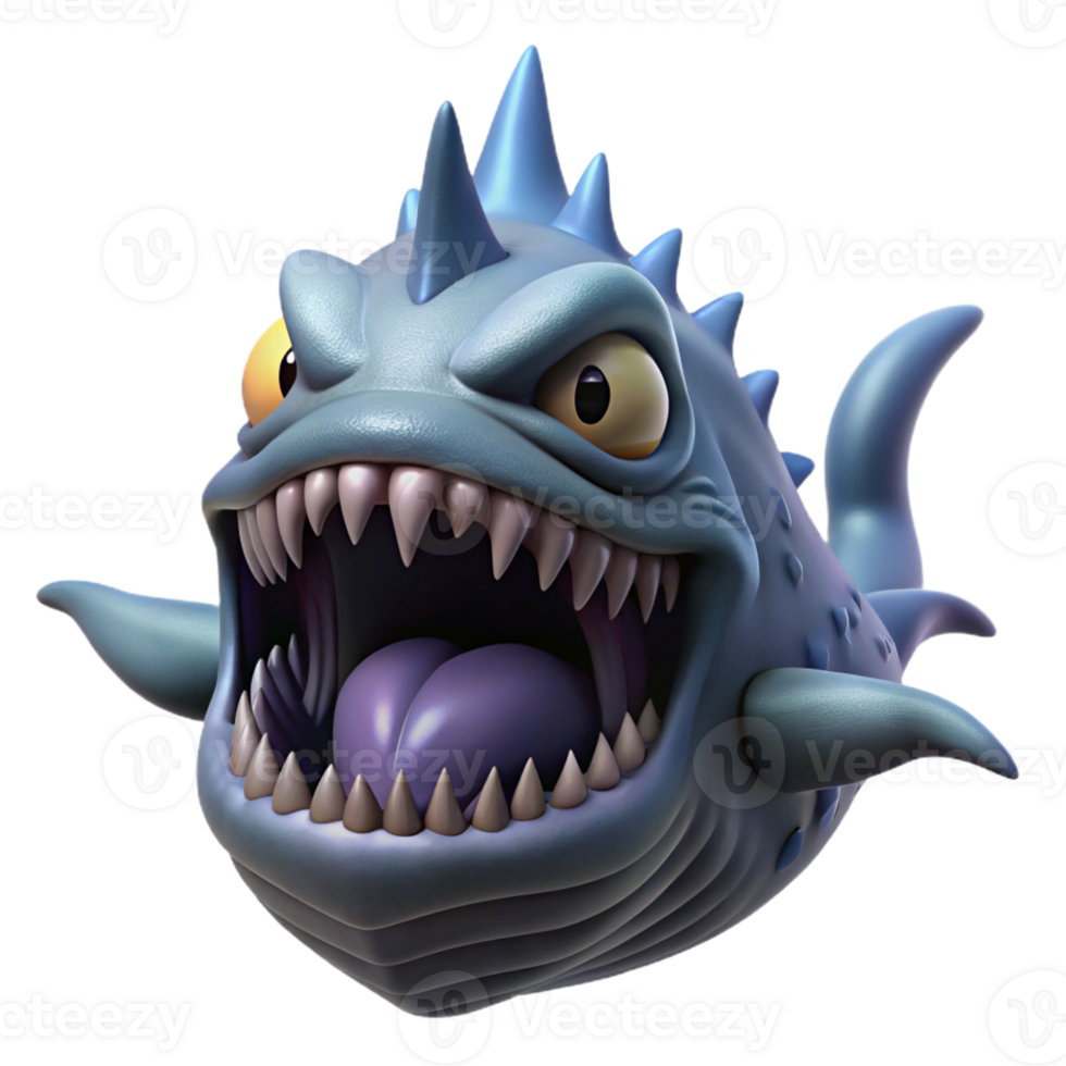 Cartoon Monster Fish 3D Render A playful depiction of a monster fish, brought to life in a whimsical three-dimensional render. png