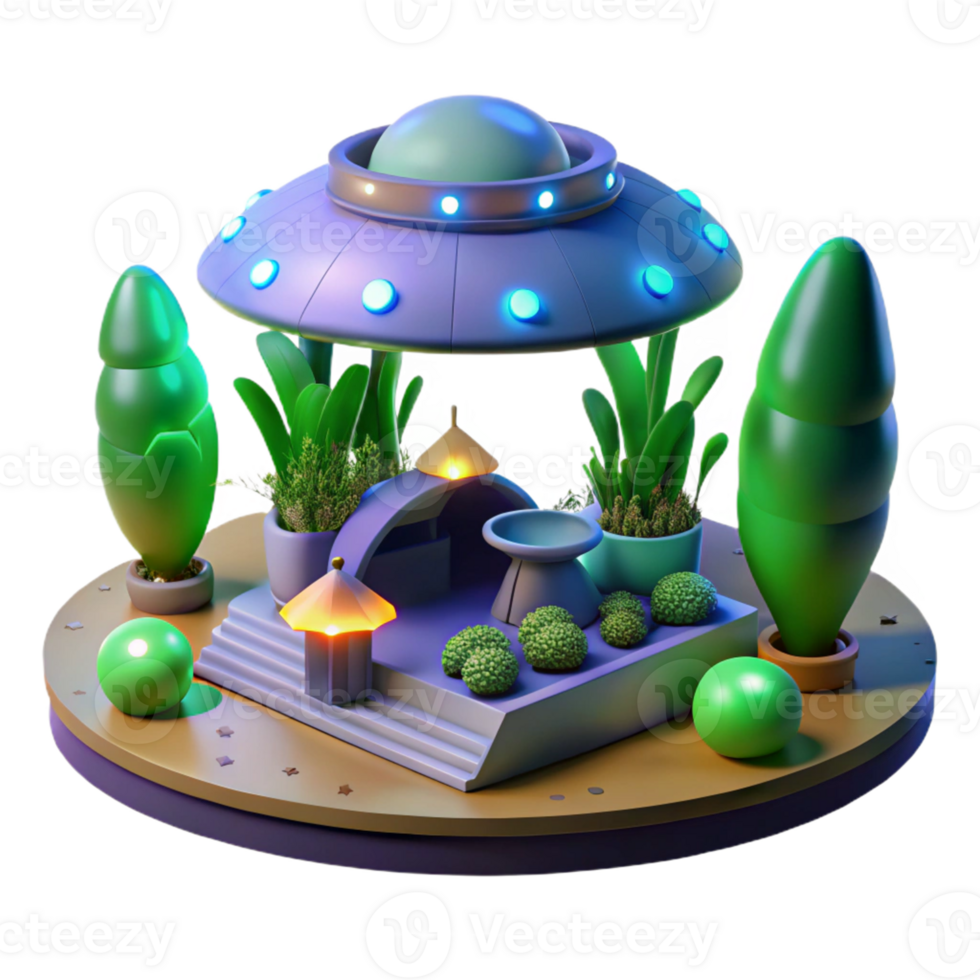 UFO Garden Scene A whimsical 3D render of a UFO garden scene, capturing the essence of extraterrestrial adventure and playful design. png