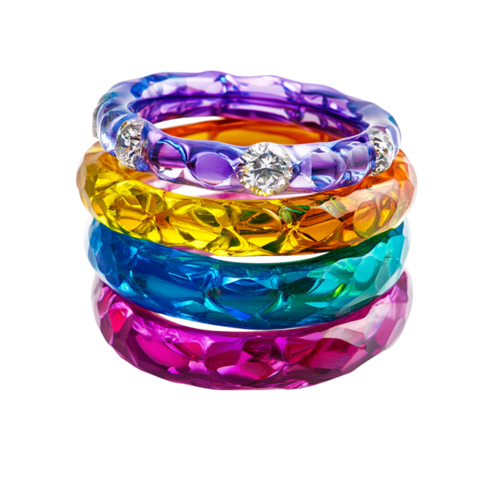 Stack of colorful translucent plastic bracelets with a glossy finish symbolizing fashion and the playful vibrance of trendy accessories png