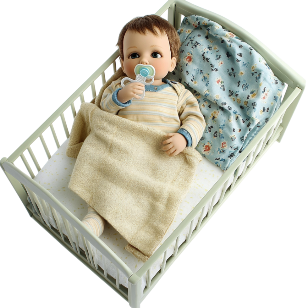 Cozy baby wrapped in a blanket resting in a crib symbolizing warmth and the tender love of early childhood png